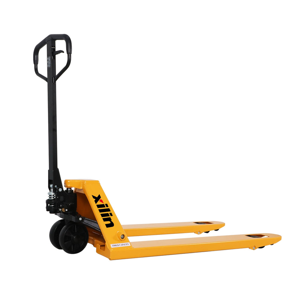 Manual pallet jack with black handle and yellow forks, side view