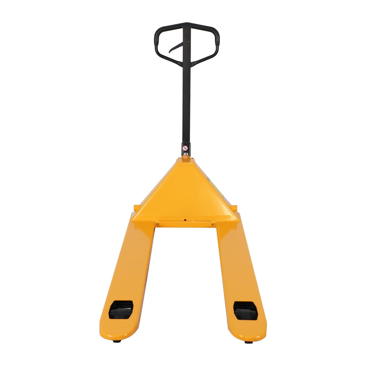 Manual pallet jack with black handle and yellow body, front view