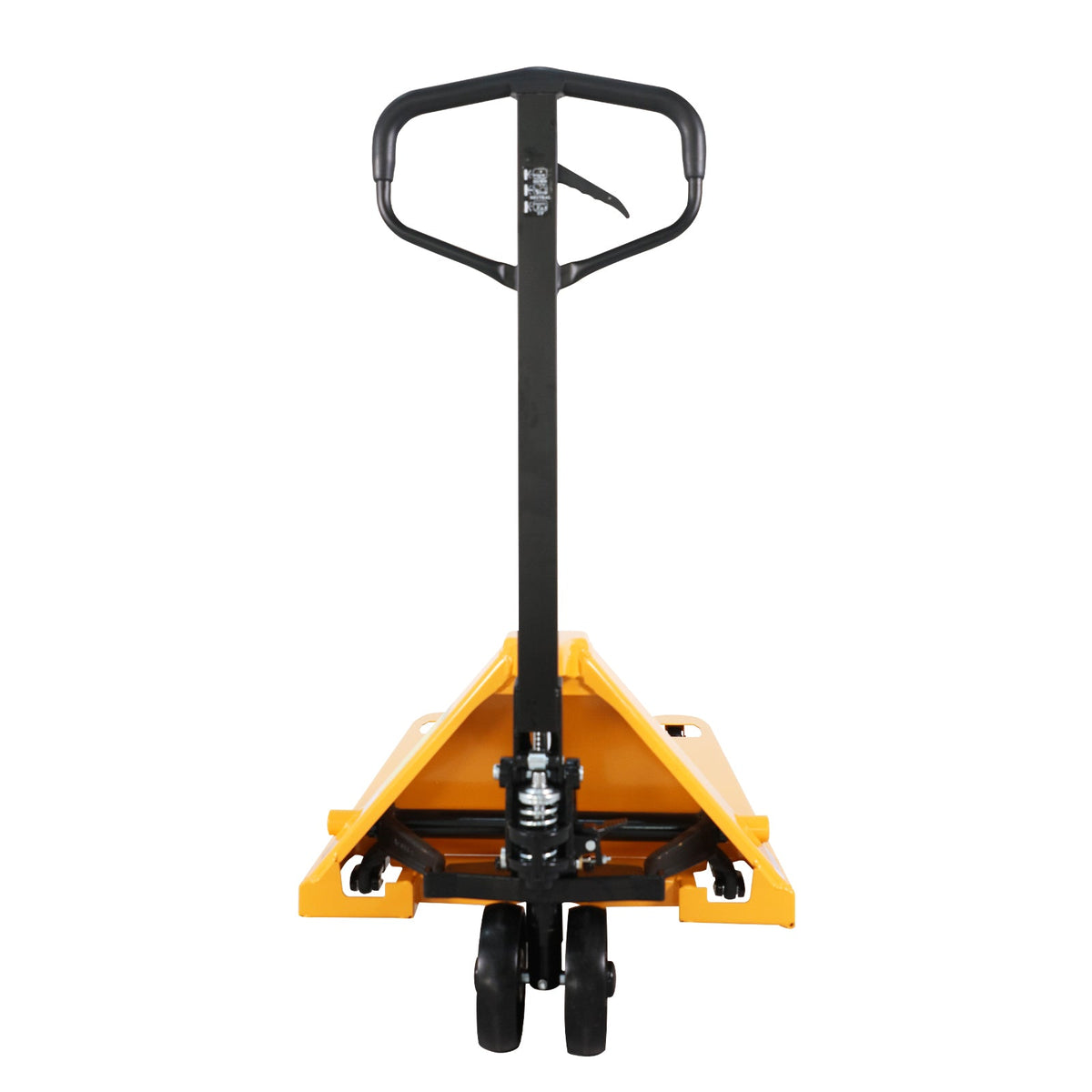 Manual pallet jack with black wheels and yellow forks, rear view