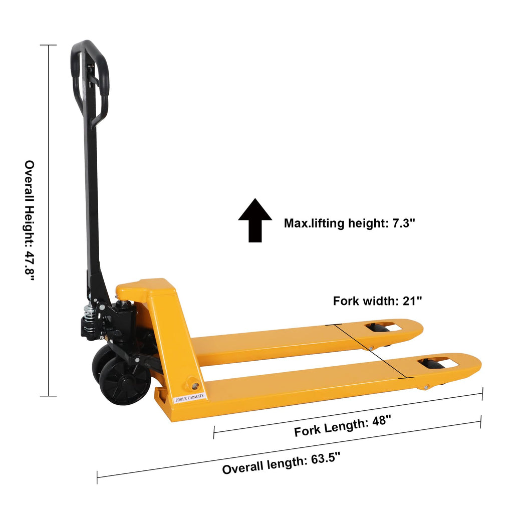 Manual pallet jack with yellow forks and black handle, max lift 7.3 in
