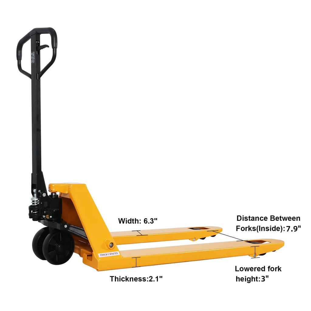 Manual pallet jack, yellow frame: 6.3 in width, lowered fork 3 in