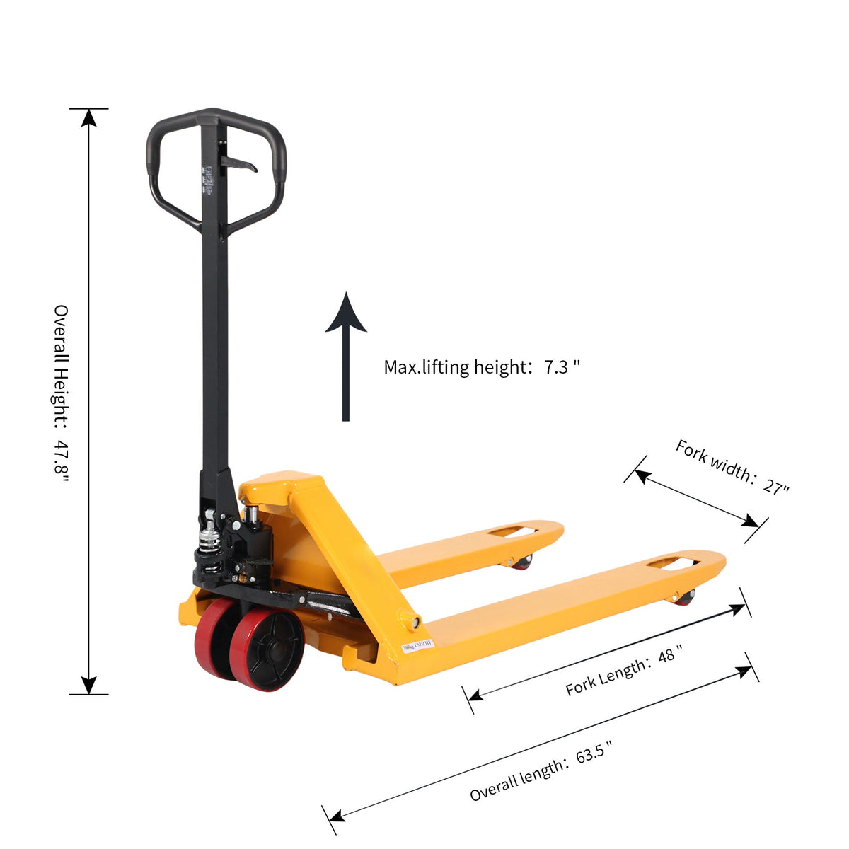 Manual pallet jack with fork length 48 in, width 27 in, max lift 7.3 in