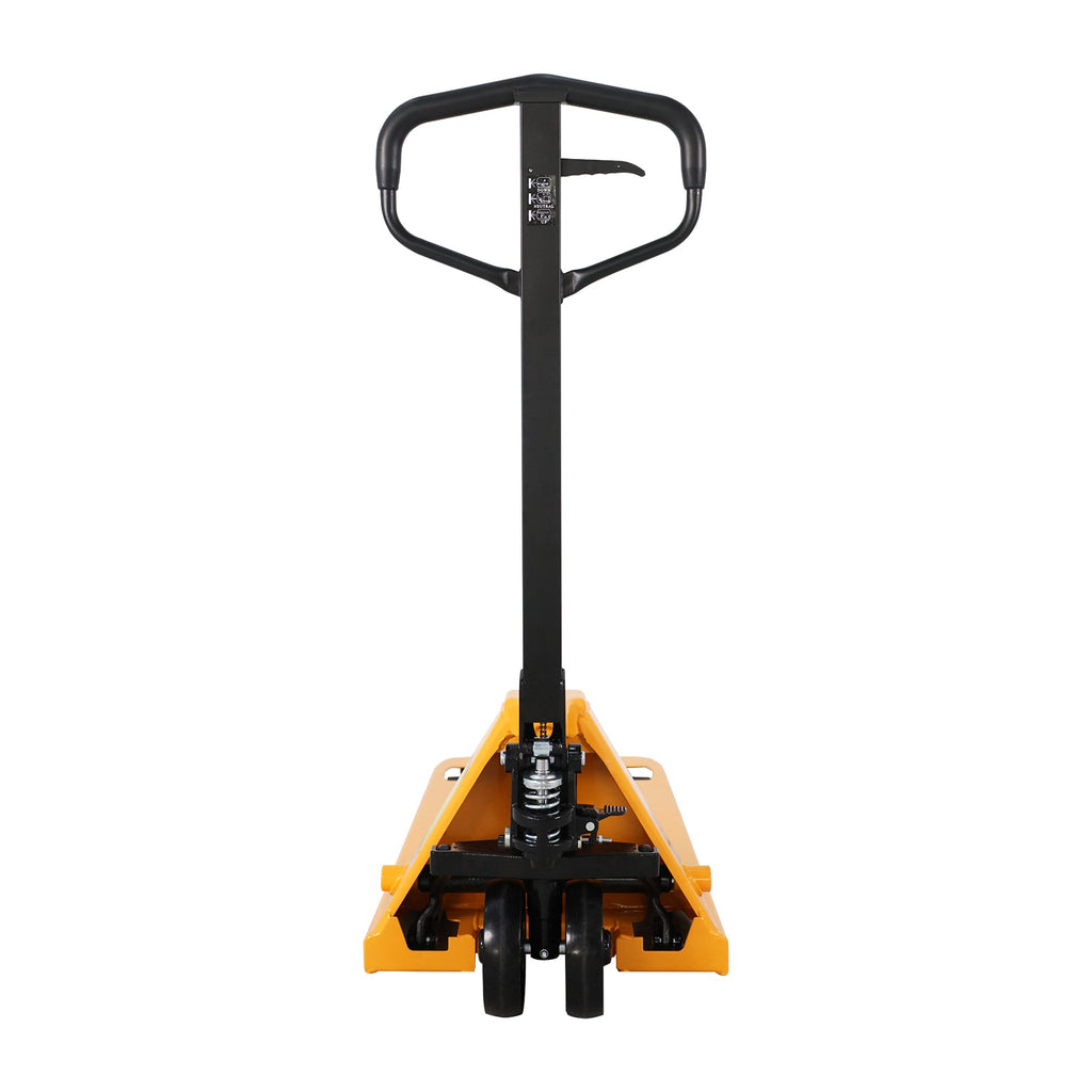 Manual pallet jack with black pump handle and yellow forks, two front wheels.