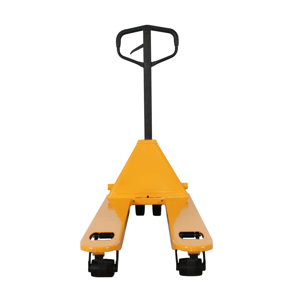 Manual pallet jack with black steering handle and yellow fork platform, caster wheels.