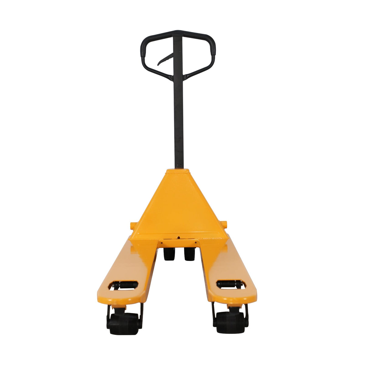Manual pallet jack with black steering handle and yellow fork platform, caster wheels.