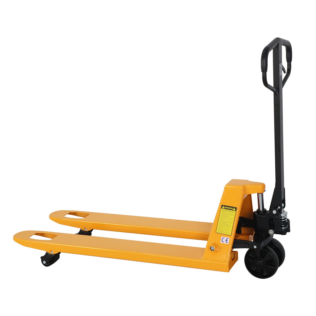 Manual pallet jack with yellow frame and black handle, long forks and front caster wheels.
