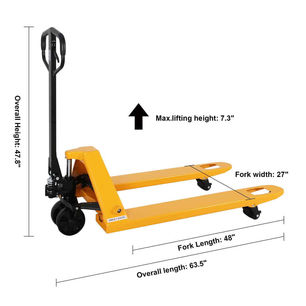 Manual pallet jack with labeled dimensions, black pump assembly and yellow fork carriage.