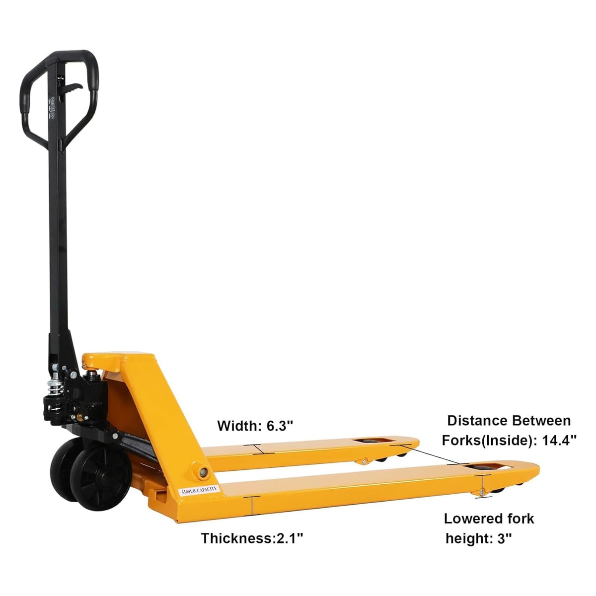 Manual pallet jack with yellow body and black handle, labeled width and lowered fork height.