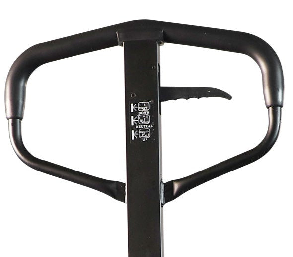 Black steering handle of a scale pallet jack with control panel