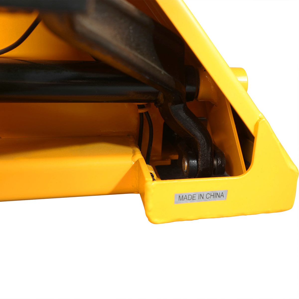 Yellow pallet jack side frame with 'Made in China' label