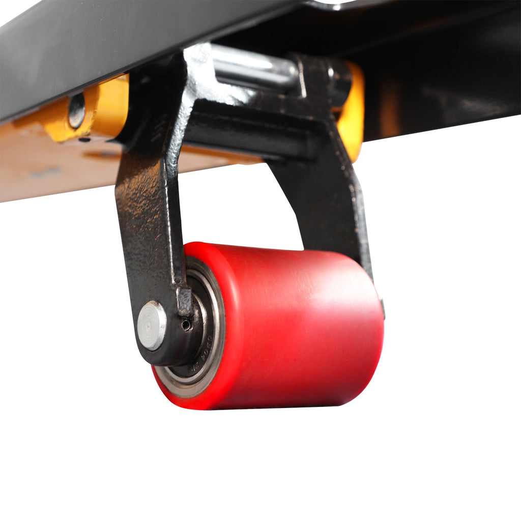 Red caster wheel and steel support on a yellow pallet jack