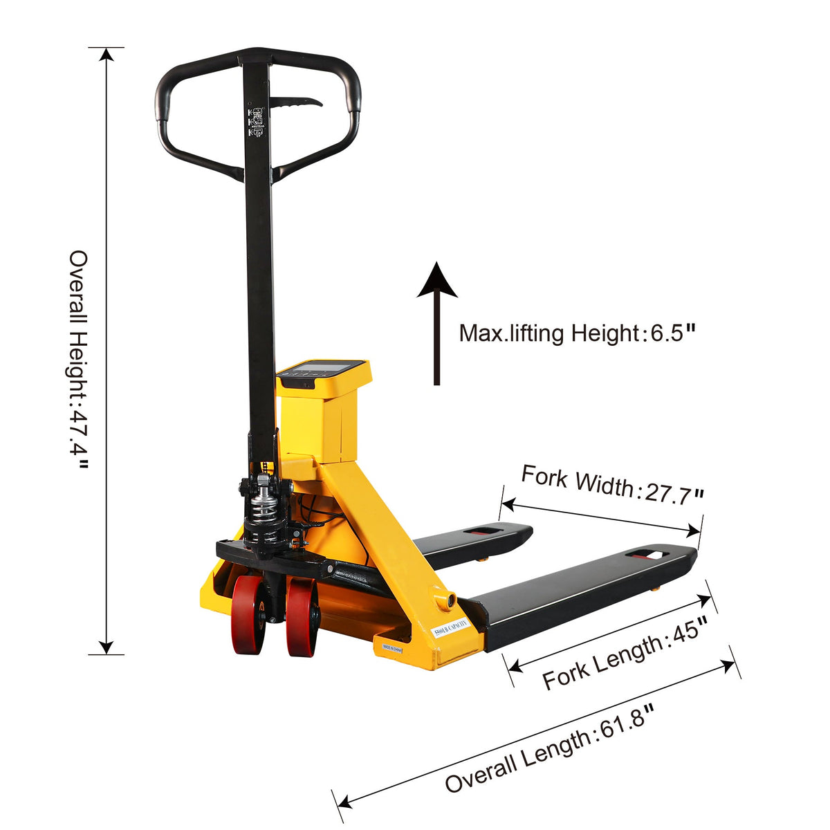 Pallet jack dimensions diagram with max lifting height 6.5 in