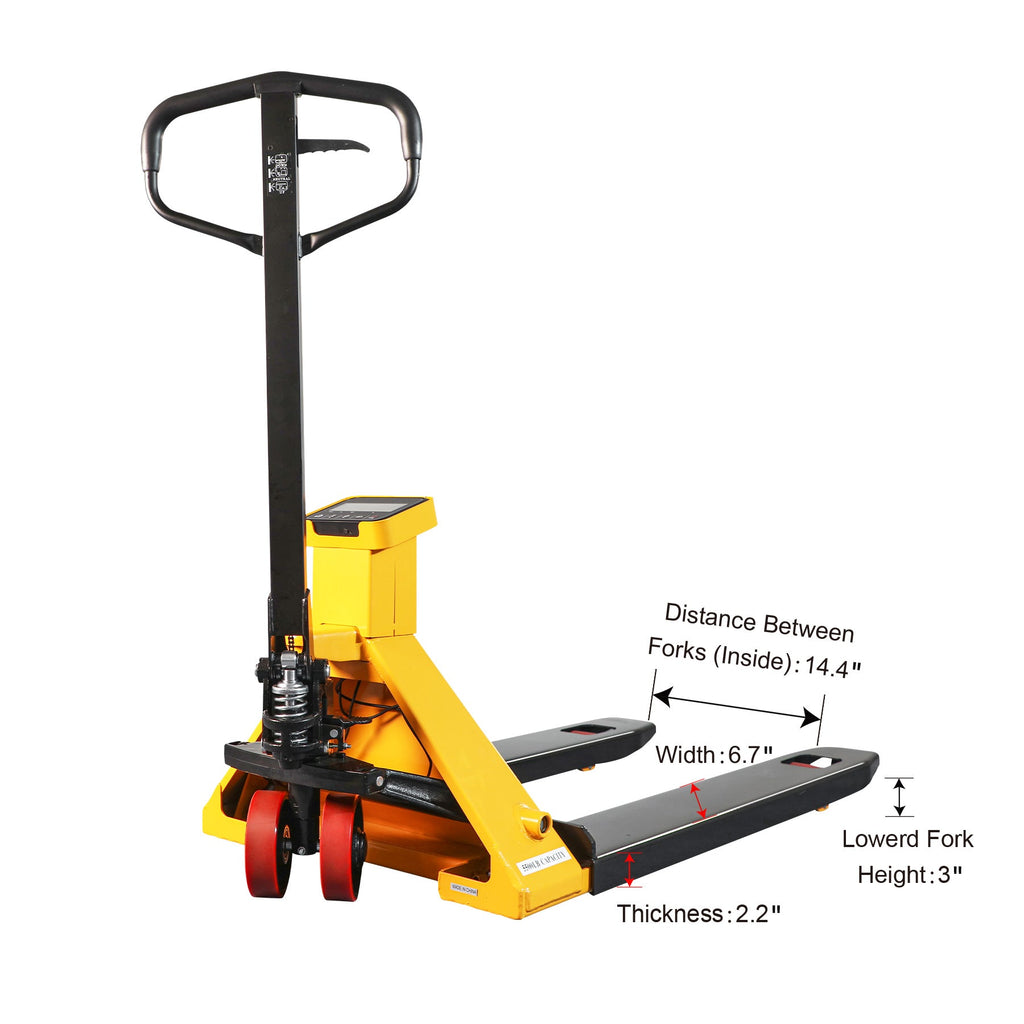 Pallet jack dimensions diagram showing fork spacing 14.4 in and width 6.7 in