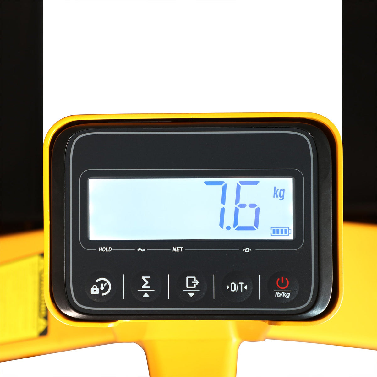 Scale pallet jack digital display showing 7.6 kg weight reading