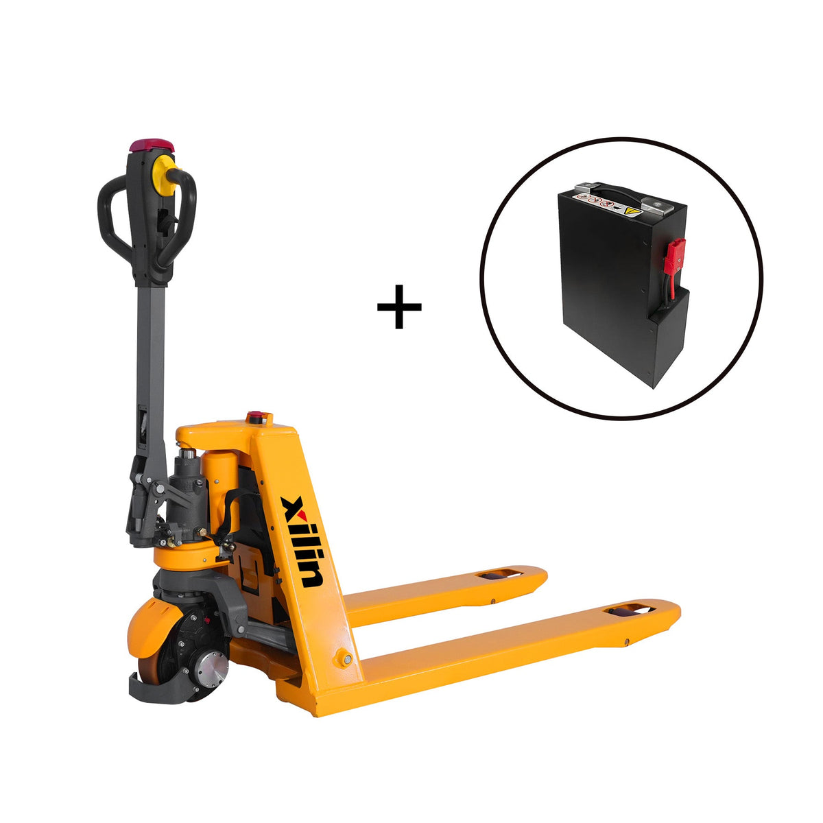 Orange electric pallet jack with black handle and forks, 3300 lb capacity