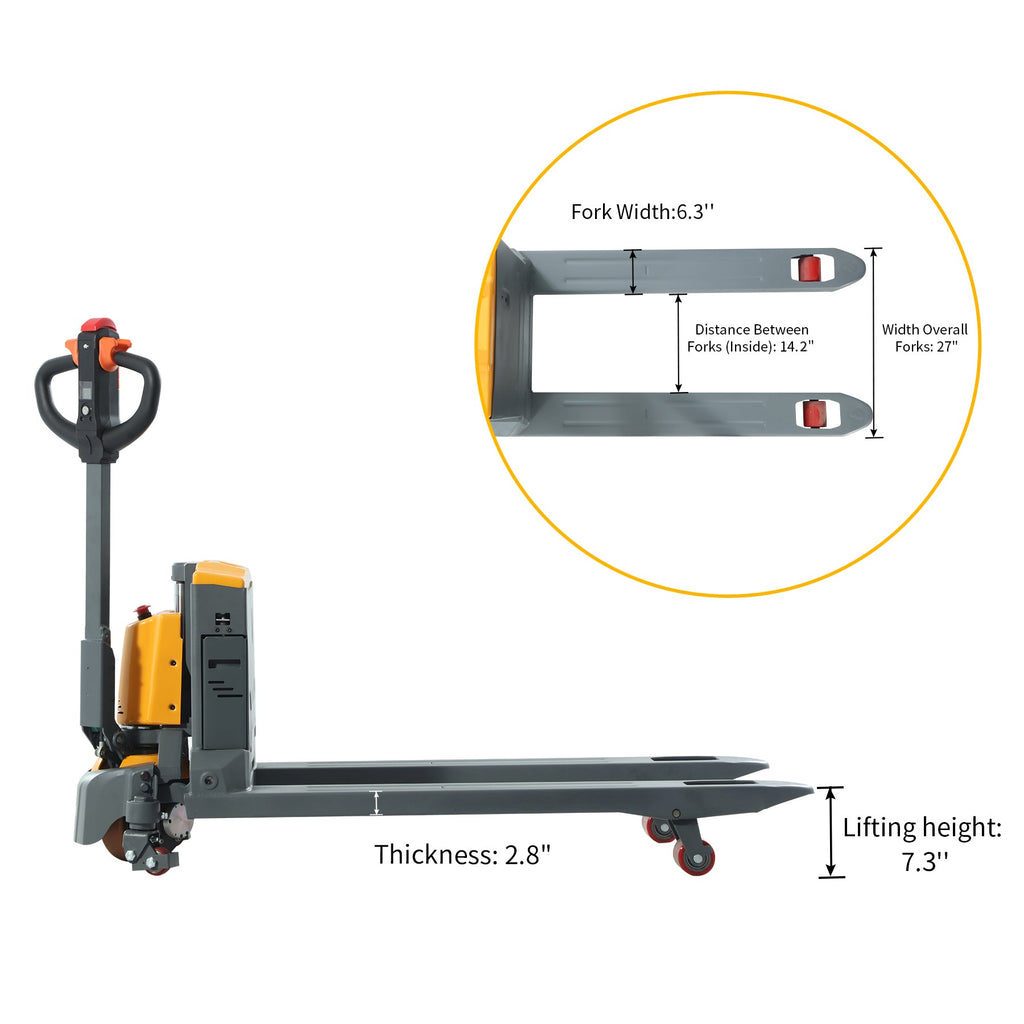 Electric pallet jack with dual forks, showing fork width and lifting height dimensions