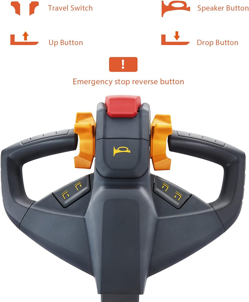 Electric pallet jack operator handle with red emergency stop and control buttons
