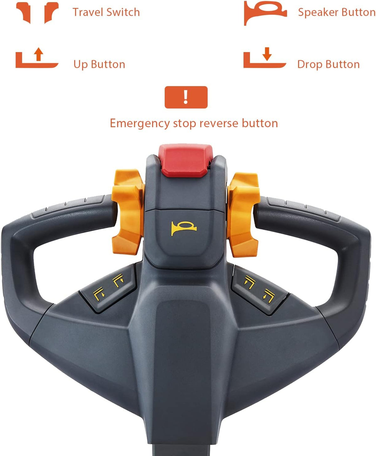 Electric pallet jack operator handle with red emergency stop and control buttons