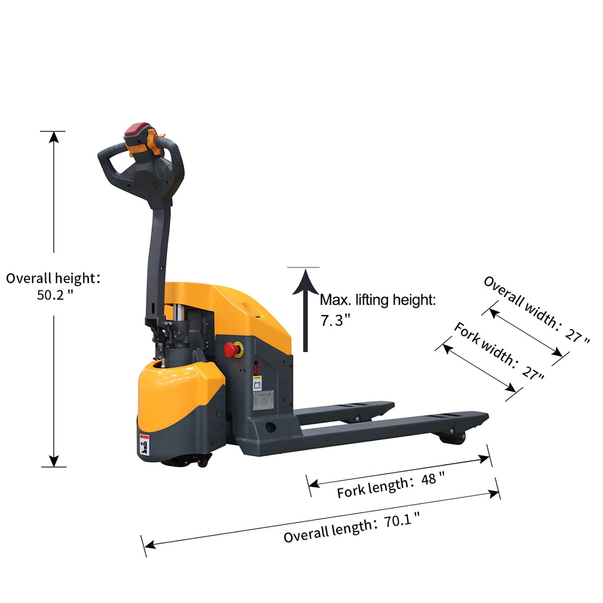 Electric pallet jack with raised handle and black fork arms, yellow body