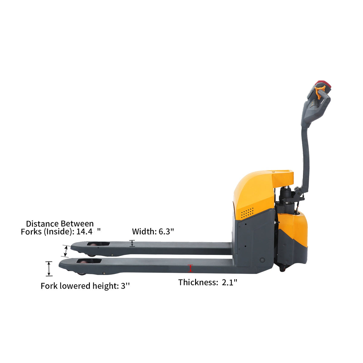 Electric pallet jack with lowered forks and yellow-and-black body