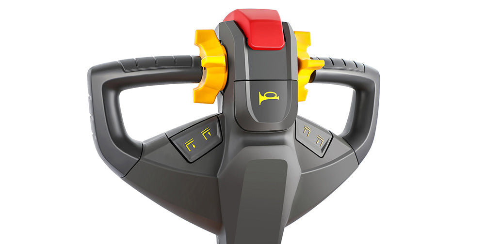 Electric pallet jack handle with red safety switch and yellow control buttons
