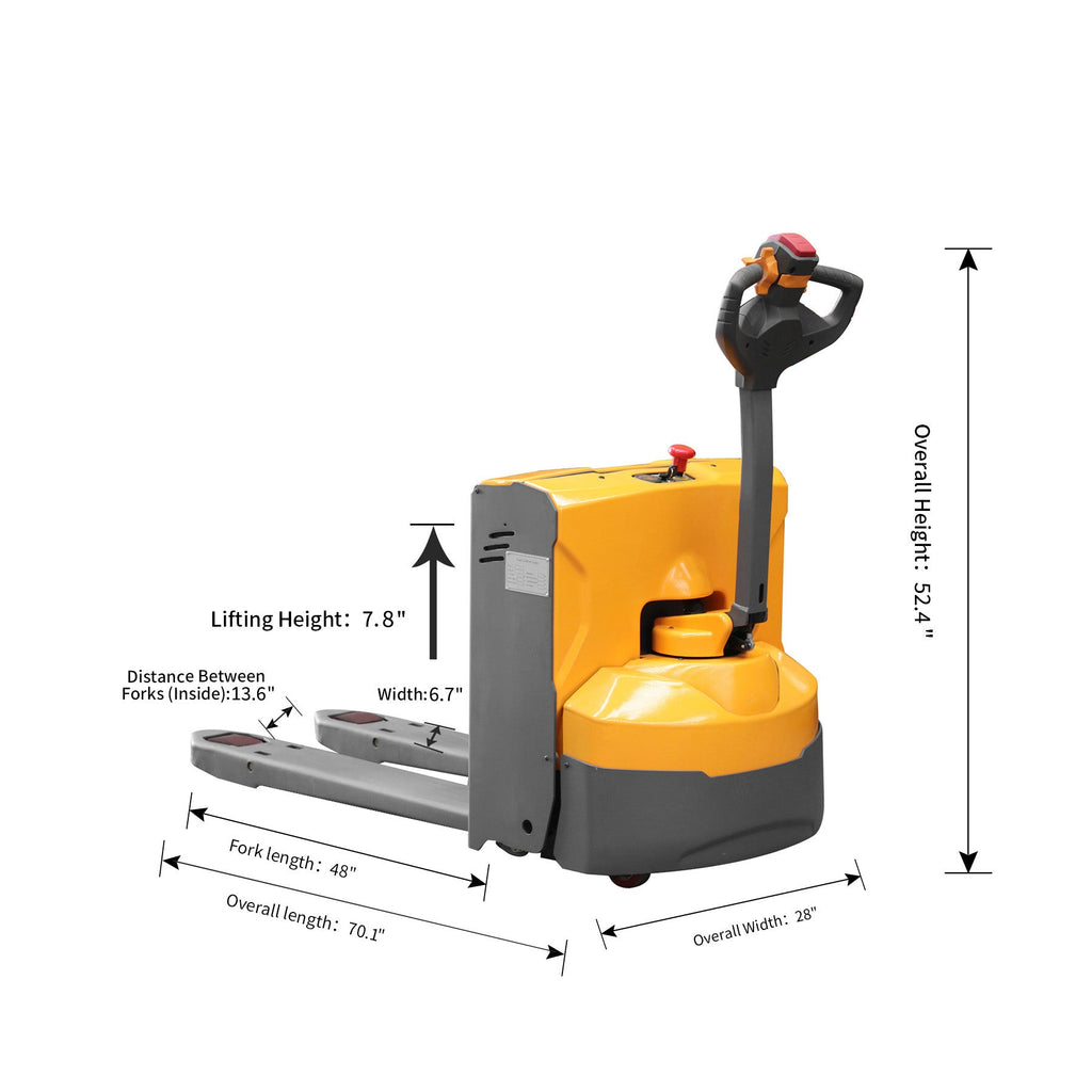 Electric pallet jack with forks and upright tiller; shown with size dimension diagram