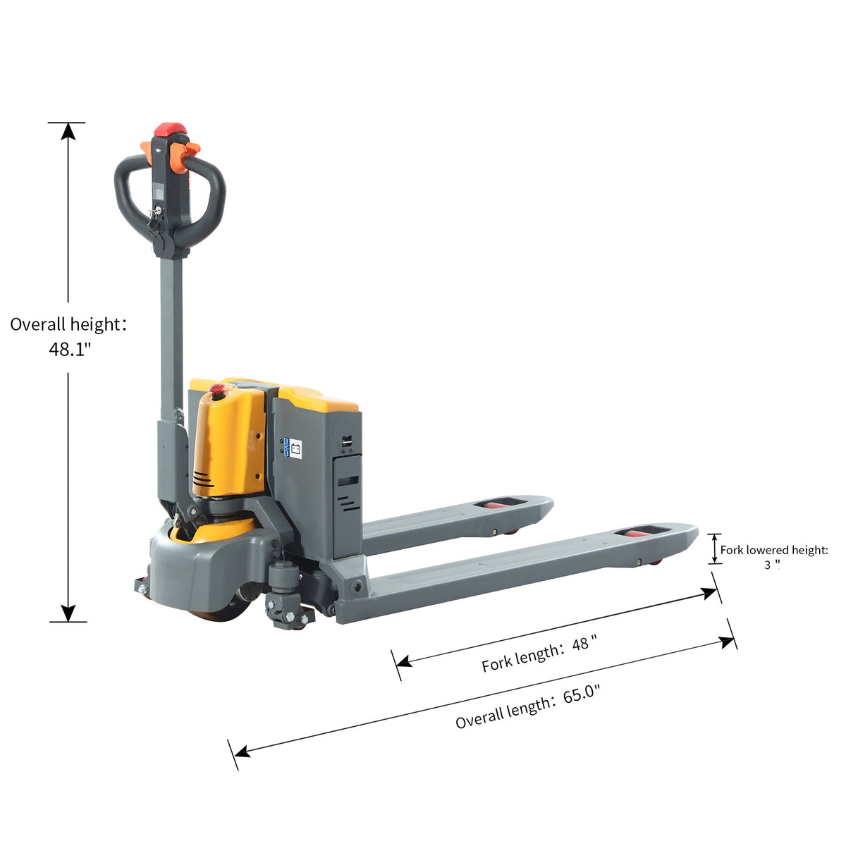 Electric pallet jack with yellow battery unit; overall height 48 in, fork length 48 in.