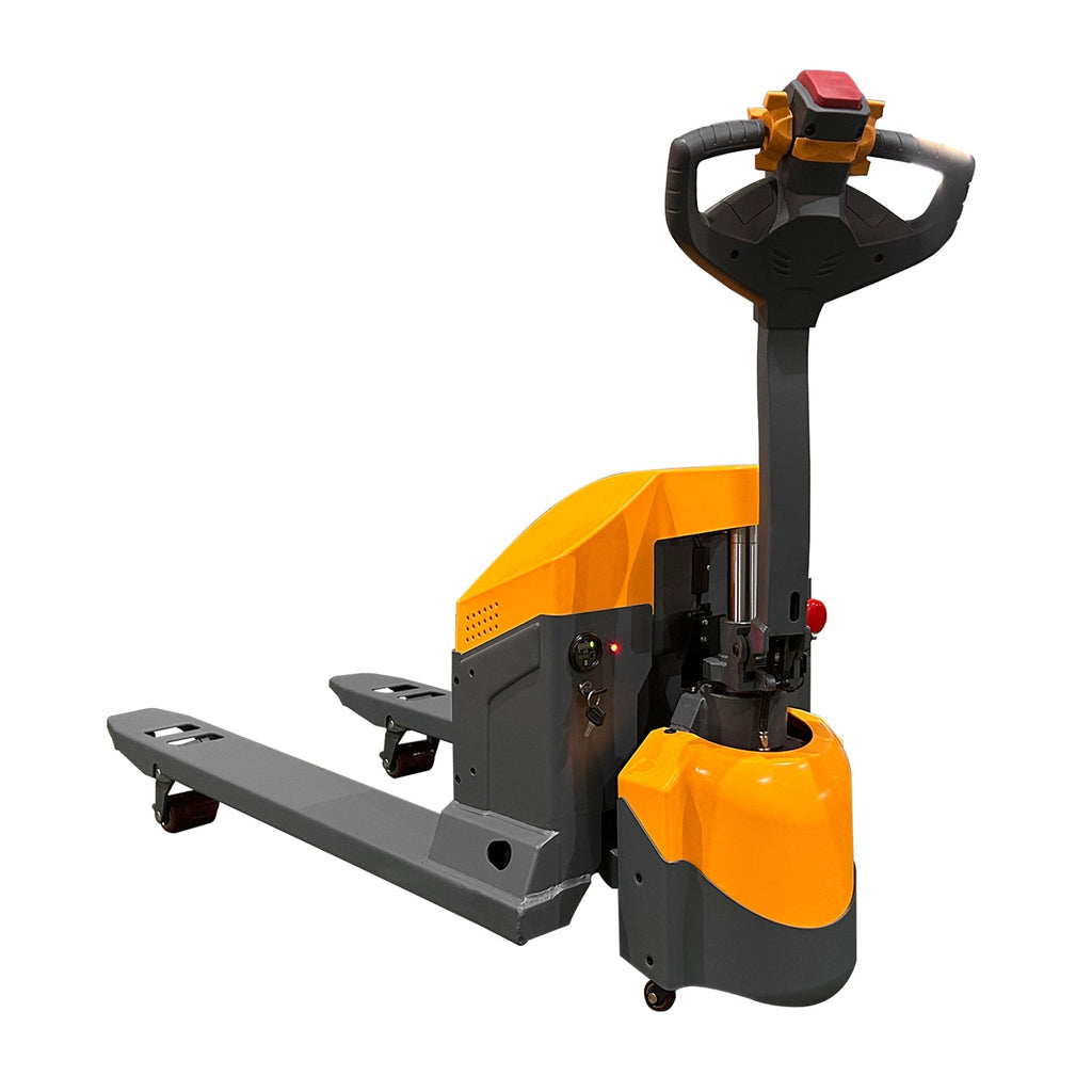 Electric pallet jack with gray and orange body, black lift handle, fork prongs