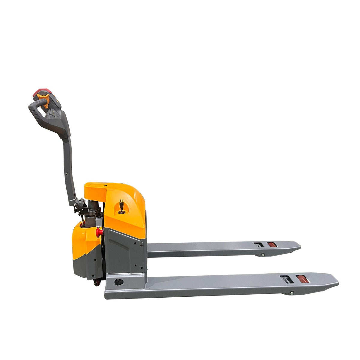Electric pallet jack side view with orange battery housing and gray fork carriage