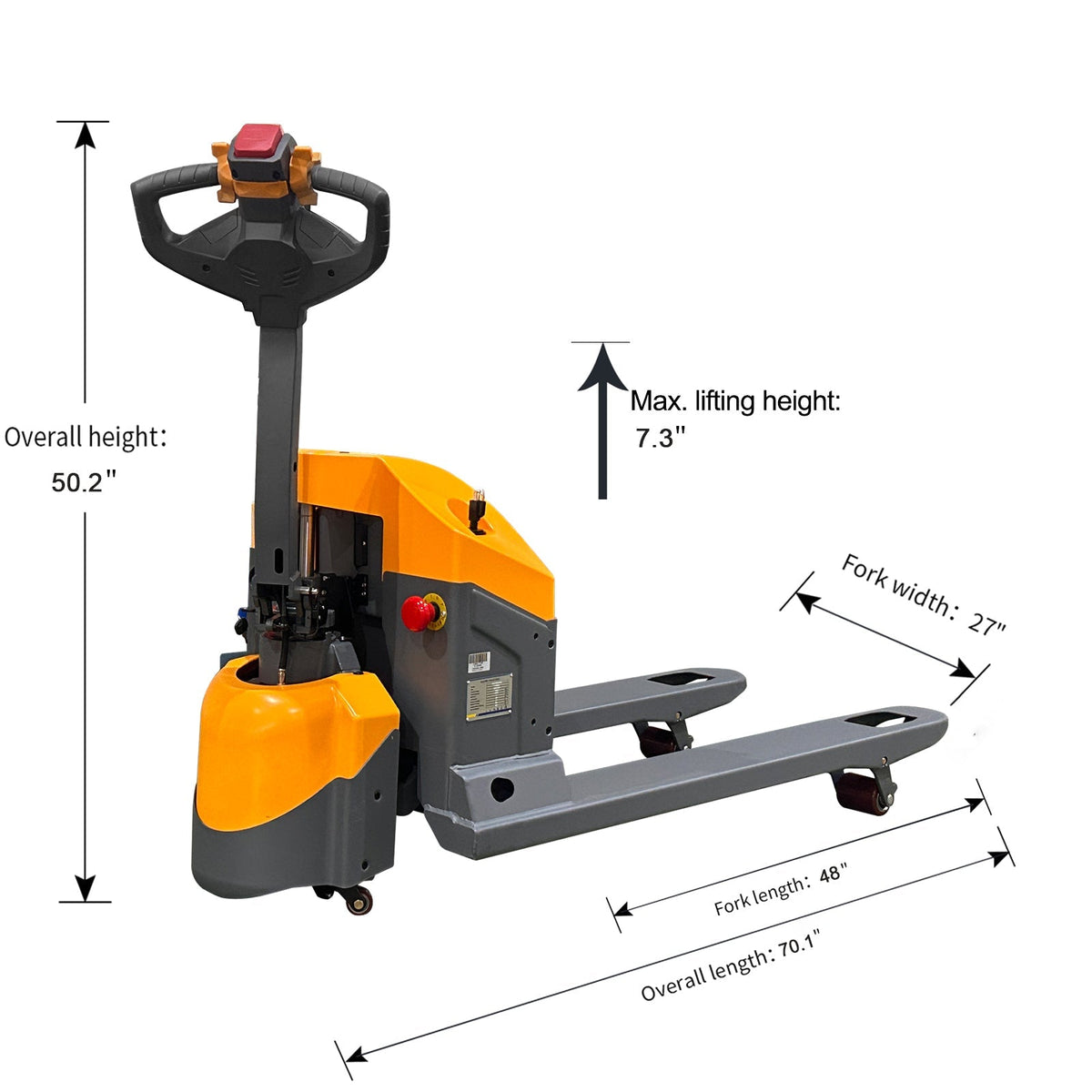 Electric pallet jack side view with orange body, black handle, and fork dimension arrows
