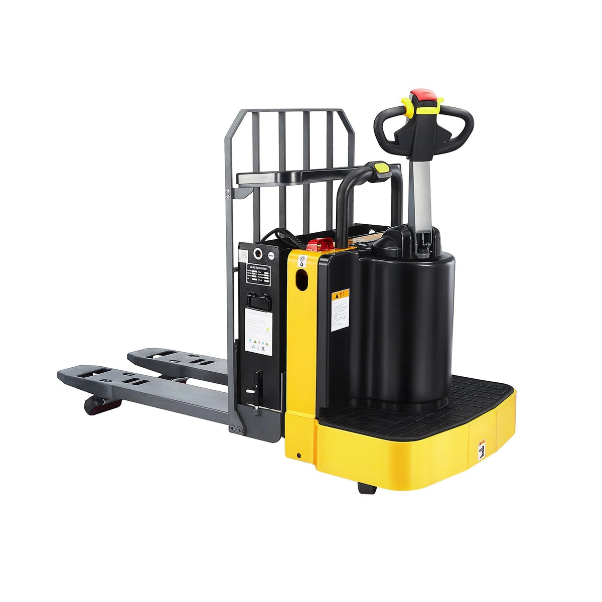 Electric ride-on pallet jack with fork deck, yellow and black body
