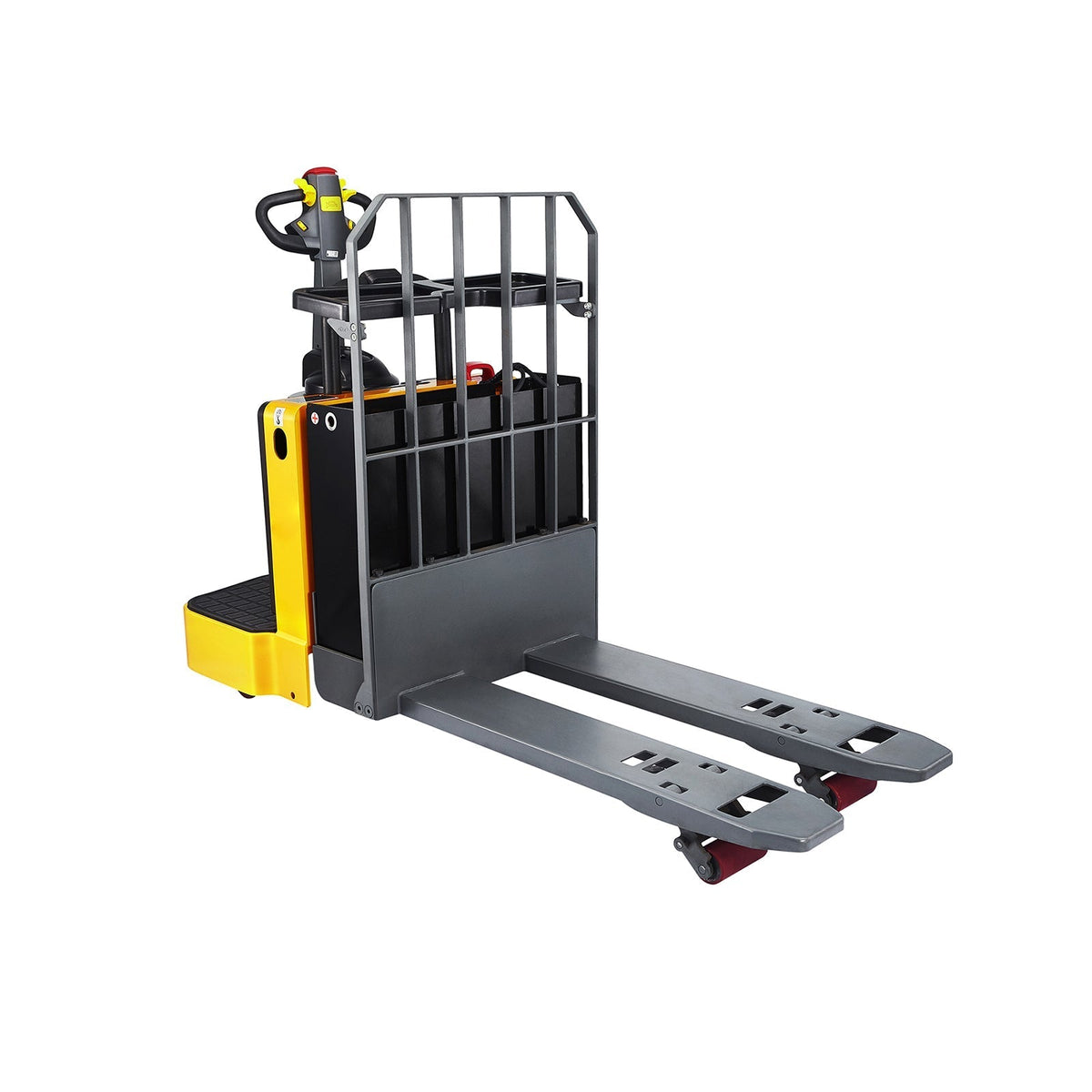 Electric ride-on pallet jack with raised safety cage and long forks, black and yellow