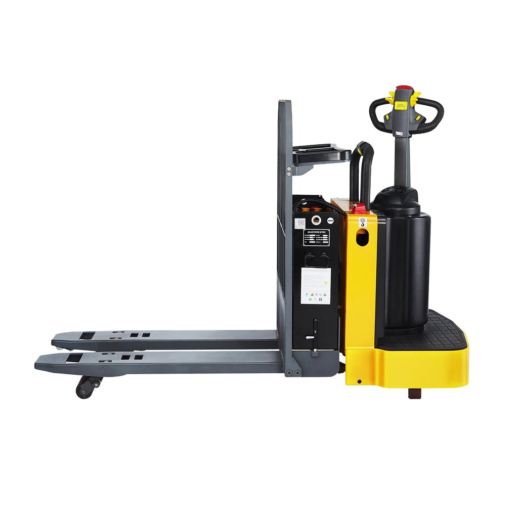 Electric ride-on pallet jack with operator tiller and lowered forks, yellow base