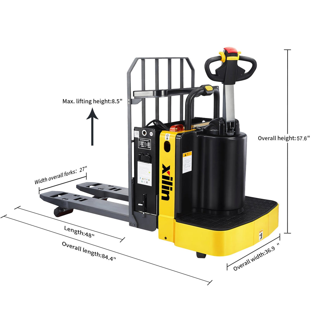 Electric ride-on pallet jack on display with forks extended, yellow and black frame