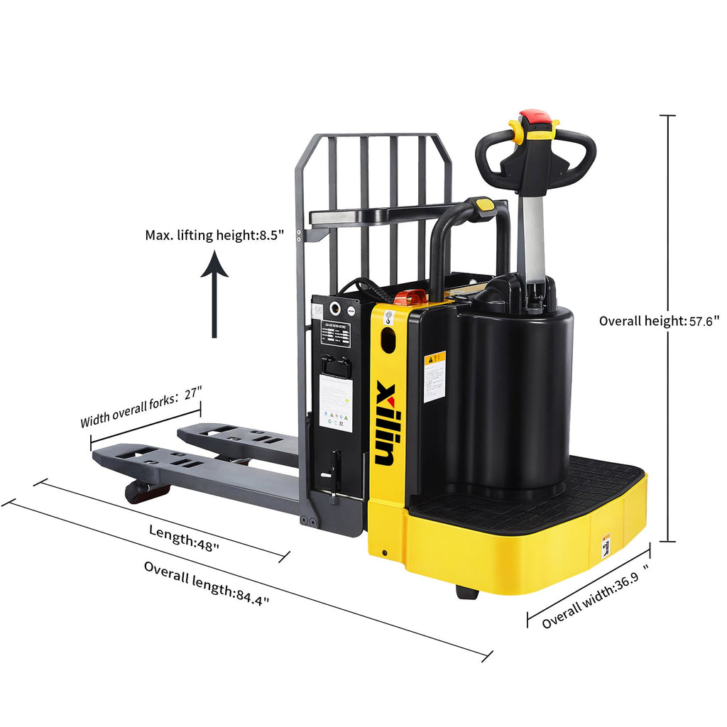 Yellow and black ride-on electric pallet jack with operator controls and protective mast cage