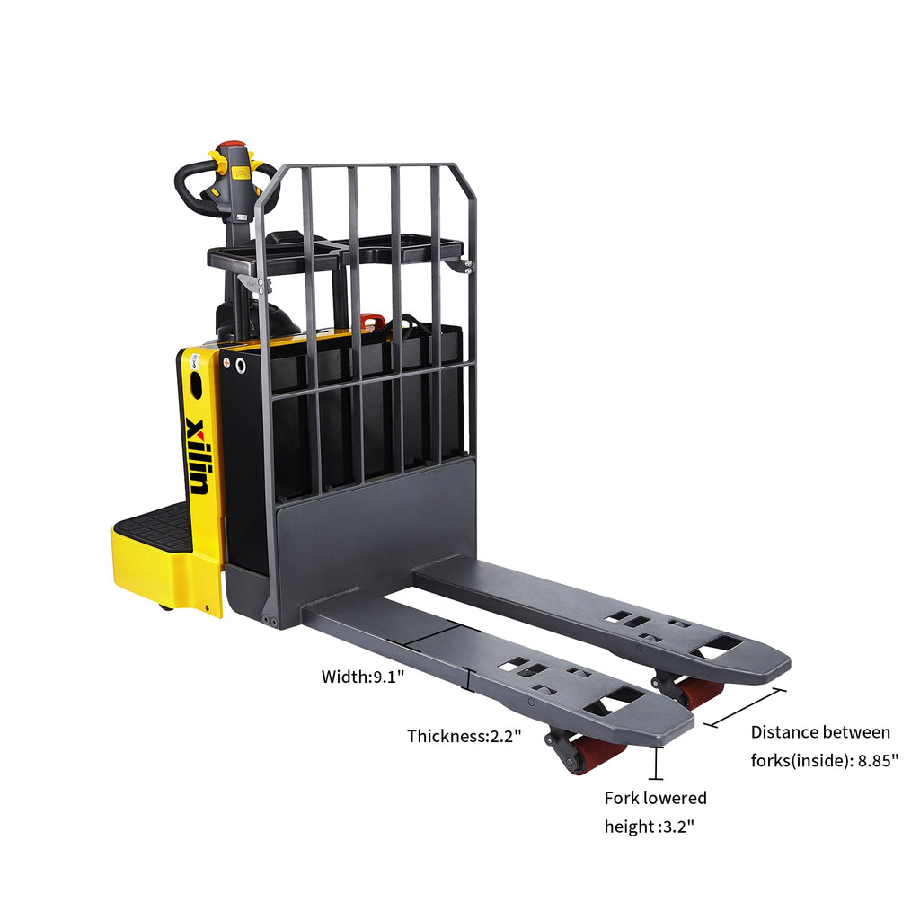 Yellow and black ride-on electric pallet jack with protective cage and lowered forks