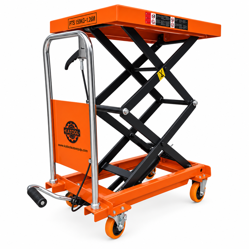 Hydraulic lift table cart with orange platform, black scissor lift, KATOOL panel, caster wheels