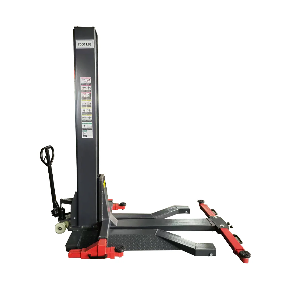 Mobile single-post vehicle lift with black column, red base pads, and support arms