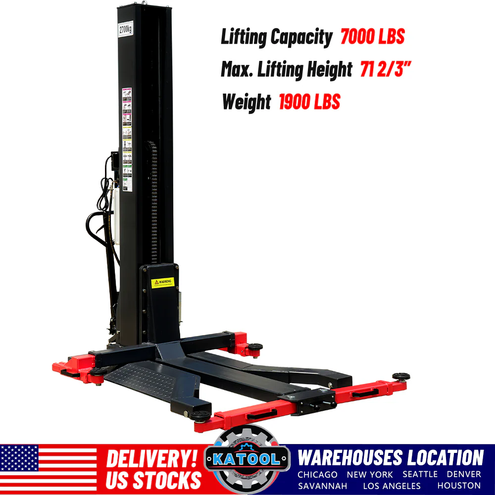 Mobile single-post vehicle lift with black column and red lifting deck on casters
