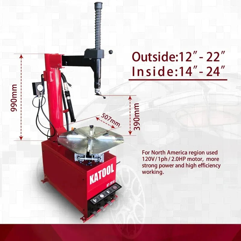 Red tire changer machine with vertical column and metal mounting head on sturdy base