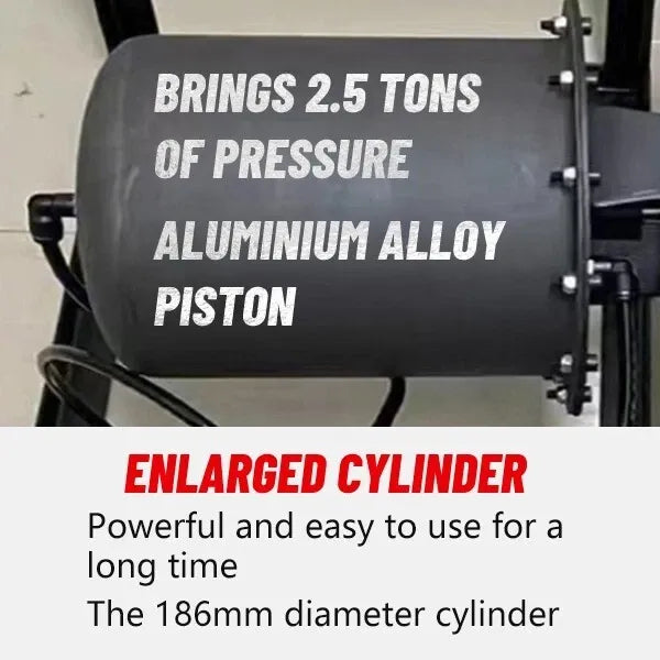 Close-up of black cylinder housing on mini tire changer with side mounting hardware