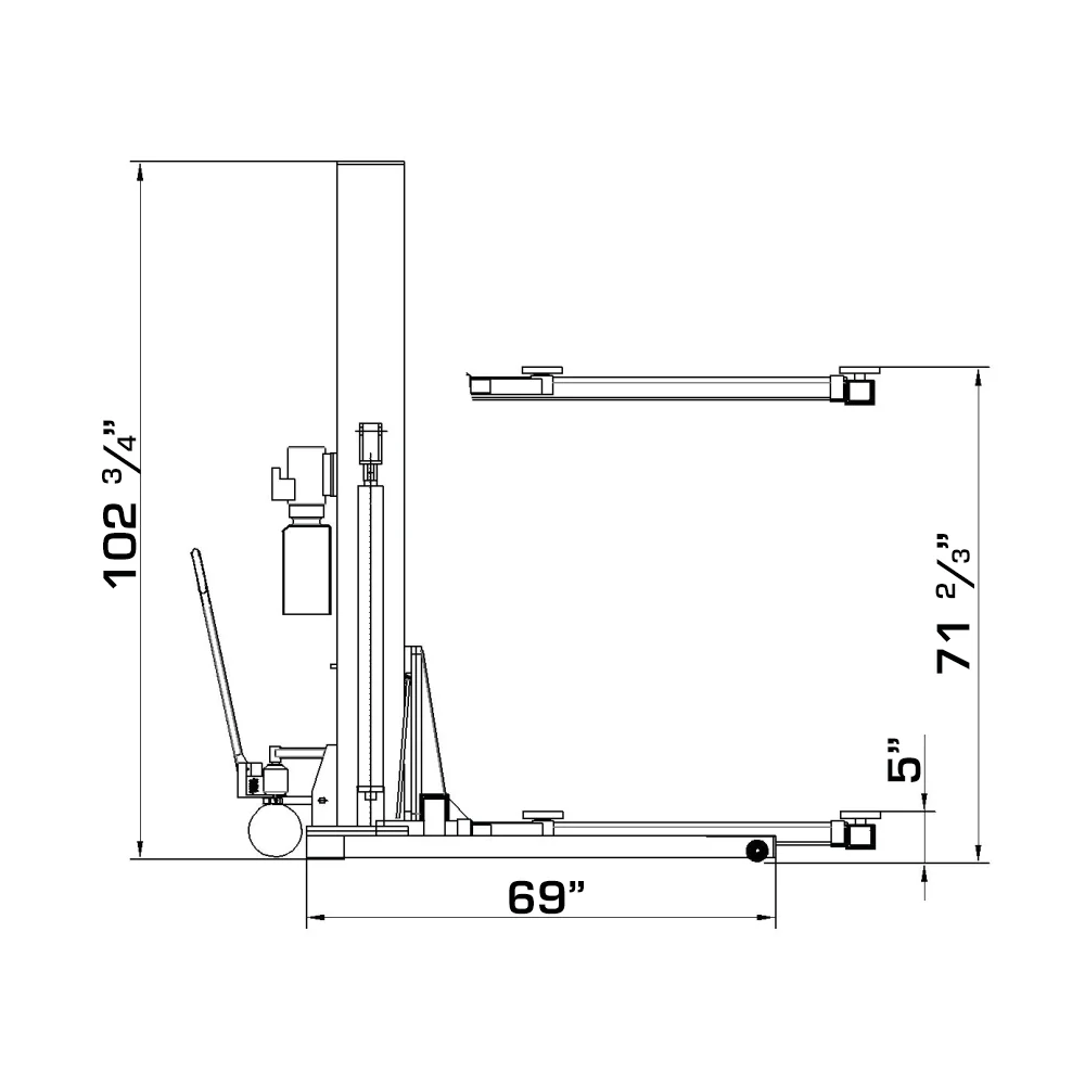 Vehicle lift dimensions diagram: 69 in base width, 71 2/3 in lift height