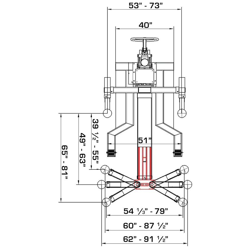 Single-post hydraulic car lift with scissor base and red lifting column diagram