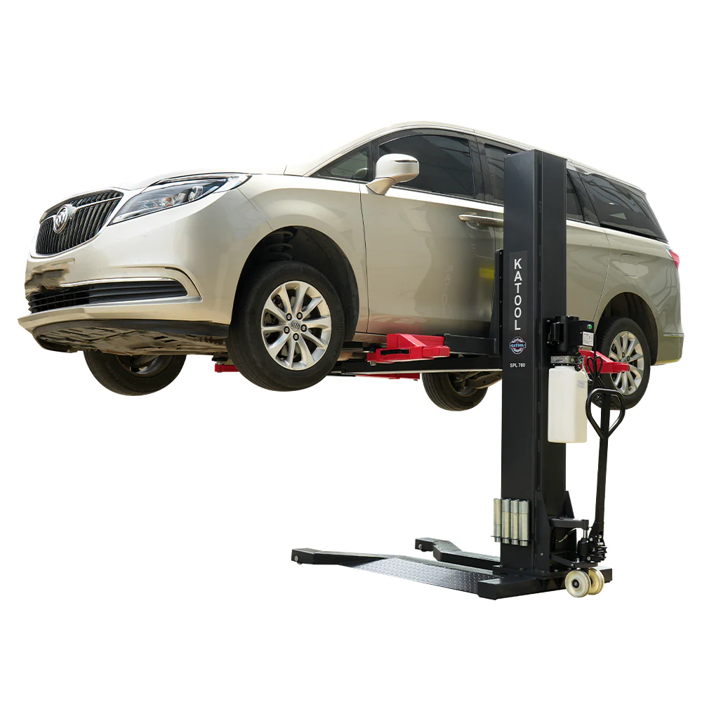 Portable single-post car lift with black platform, red cross supports, and upright column