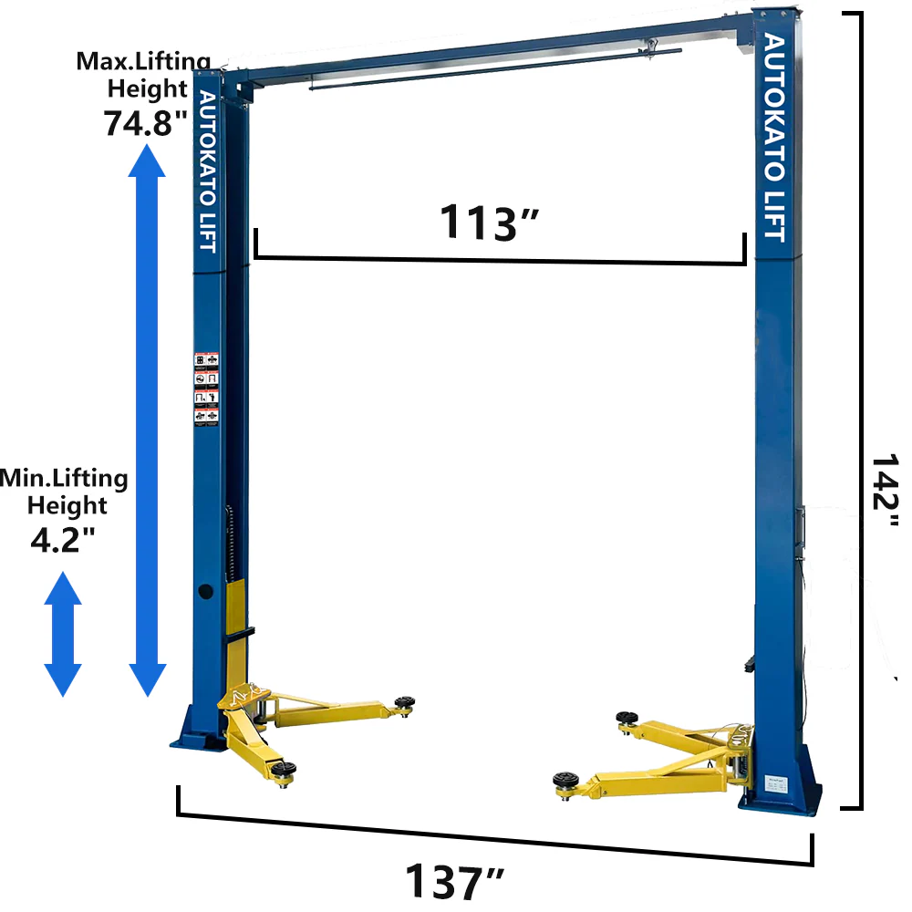 M&E ME-M115S two-post car lift with blue posts and yellow lifting arms, height layout