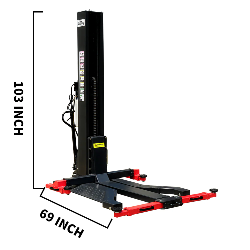 Mobile single-post car lift with black platform, red lift rails, and upright column