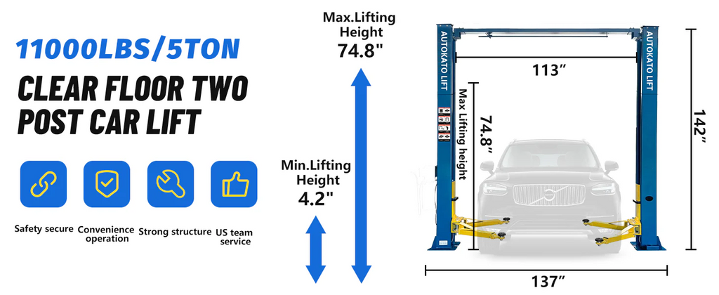 M&E ME-M115S two-post car lift layout with clear floor space and blue posts