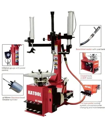 Red tire changer and wheel balancer combo with bead blaster head and accessory tools