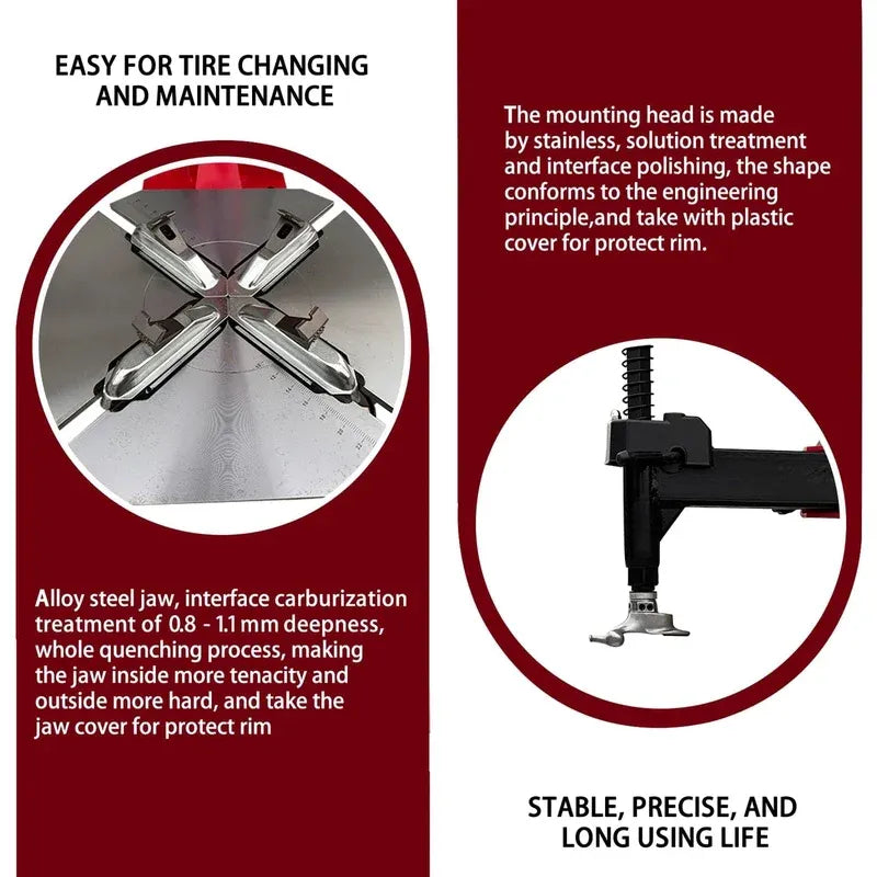 Tire changer mounting head detail with alloy jaw cross-pieces and protective cover