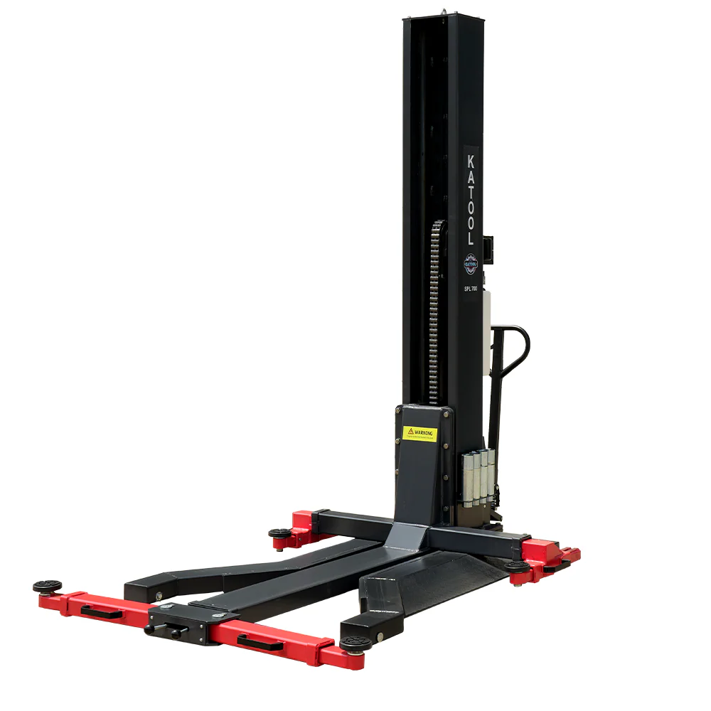 Single-post car lift with black base, red support rails, and vertical lifting column
